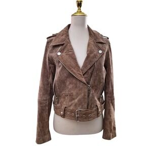 Chelsea & Violet Brown Suede Moto Jacket Leather Belted Zip Up Size M